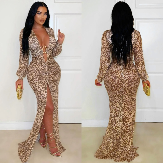 Sexy Leopard Print Mesh Deep-V Neck Slit Maxi Dress