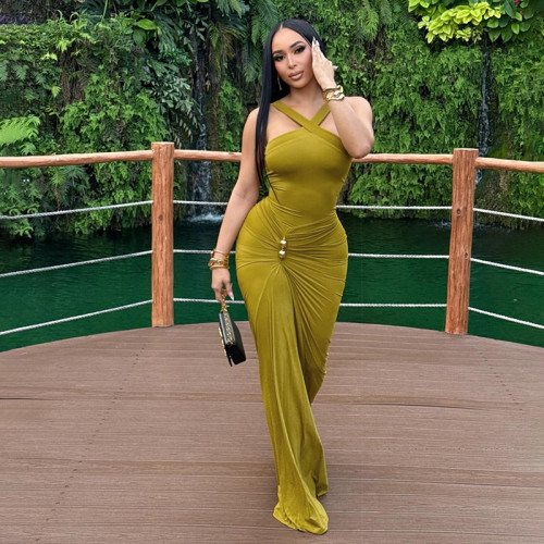 Sexy Solid Ruched Slim Waist Halter Party Maxi Dress