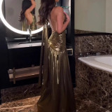 Metallic Shiny Halter Plunge Neck Slit Maxi Evening Dress
