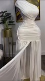 Women Solid Sleeveless Party Slash Shoulder Pleated Slit Maxi Dress
