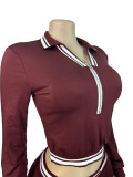 Casual Contrast Turn Down Collar Half Zip Long Sleeve Crop Top and Drawstring Pants Two Piece Set