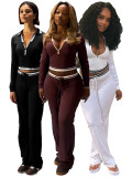 Casual Contrast Turn Down Collar Half Zip Long Sleeve Crop Top and Drawstring Pants Two Piece Set