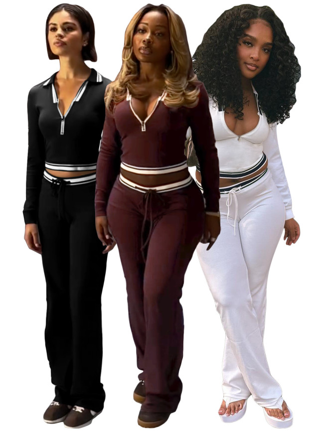 Casual Contrast Turn Down Collar Half Zip Long Sleeve Crop Top and Drawstring Pants Two Piece Set