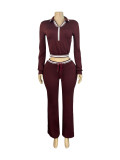 Casual Contrast Turn Down Collar Half Zip Long Sleeve Crop Top and Drawstring Pants Two Piece Set