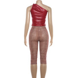 Fashion PU Leather Slash Shoulder Sleeveless Top and Printed Shorts Two Piece Set