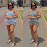 Fashion Striped Halter Neck Loose Two Piece Shorts Set