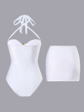 Halter Hollow Out Metal Decor One Piece Swimwear with Skirt Cover-Up