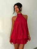 Solid Halter Neck Loose Layered Dress