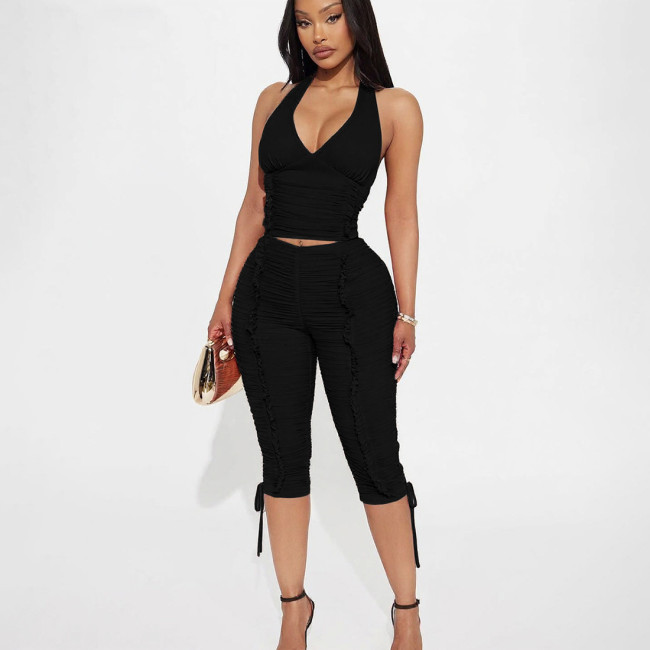 Fashion Halter Neck Crop Top and Shorts Ruffle Ruched Two Piece Set