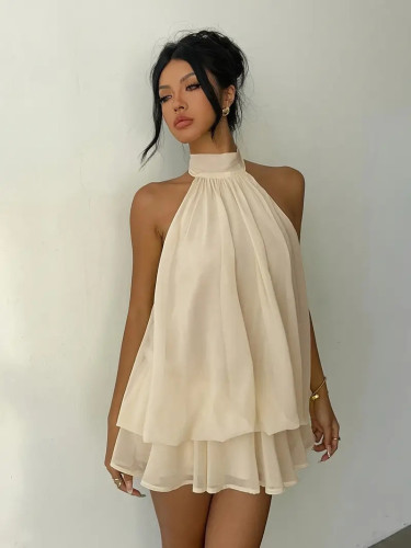 Solid Halter Neck Loose Layered Dress