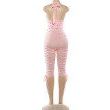 Fashion Halter Neck Crop Top and Shorts Ruffle Ruched Two Piece Set