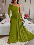Elegant Solid Slash Shoulder Single Sleeve Maxi Evening Dress