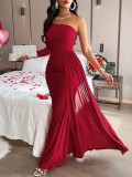 Elegant Solid Slash Shoulder Single Sleeve Maxi Evening Dress