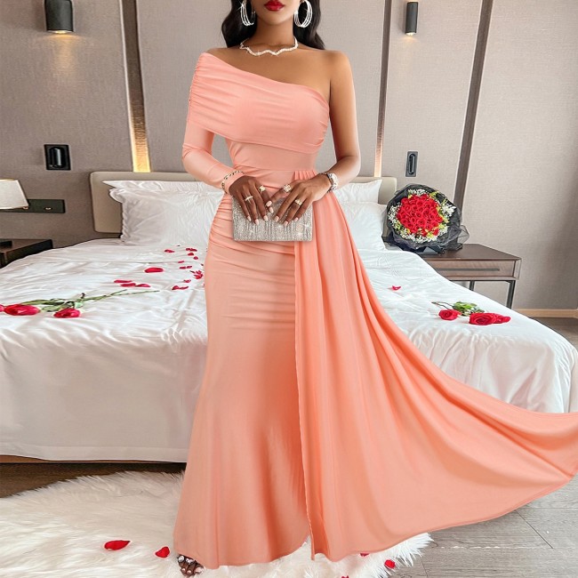 Elegant Solid Slash Shoulder Single Sleeve Maxi Evening Dress
