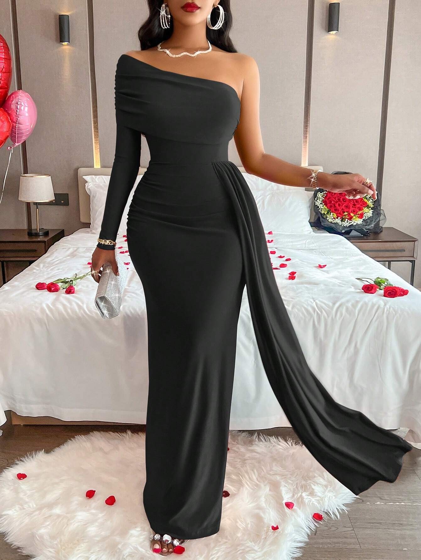 Elegant Solid Slash Shoulder Single Sleeve Maxi Evening Dress