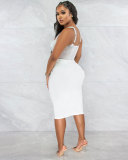 Fashion Rhinestone Straps Bodysuit and Ruched Irregular Skirt Two Piece Set