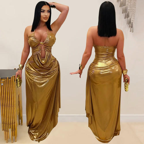 Gold Sexy Halter Low Back Maxi Evening Dress