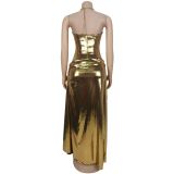 Gold Sexy Halter Low Back Maxi Evening Dress
