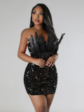 Sexy Beaded Sequin Feather Trim Strapless Party Club Dress