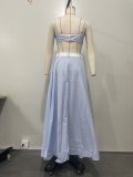 Lace Patchwork Striped Straps Crop Top and High Waist Long Skirt Two Piece Set