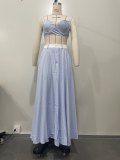 Lace Patchwork Striped Straps Crop Top and High Waist Long Skirt Two Piece Set