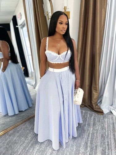 Lace Patchwork Striped Straps Crop Top and High Waist Long Skirt Two Piece Set