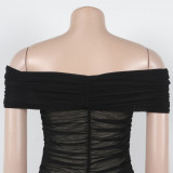 Off Shoulder Sexy Pleated Mesh Maxi Dress