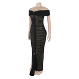 Off Shoulder Sexy Pleated Mesh Maxi Dress