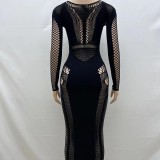 Sexy Hollow Out Long Sleeve Solid Bodycon Maxi Dress