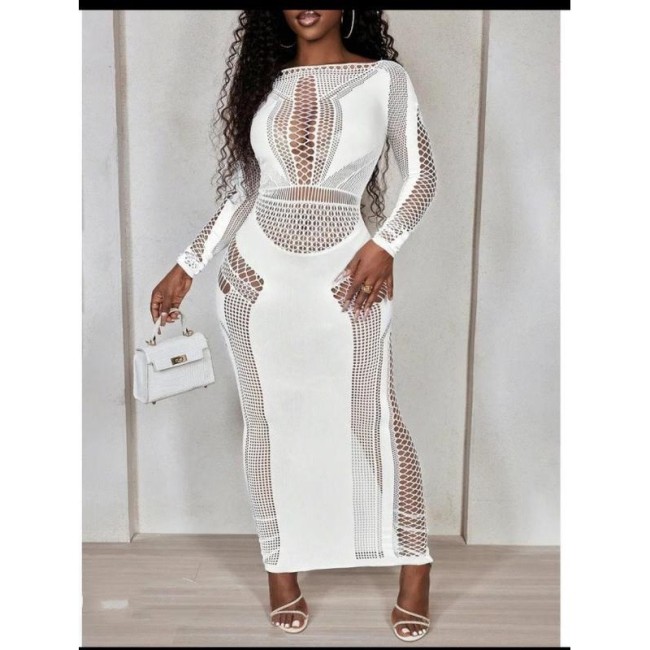 Sexy Hollow Out Long Sleeve Solid Bodycon Maxi Dress