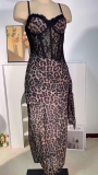 Sexy Leopard Print Straps Bodycon Long Dress Sexy Lingerie