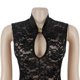 Sexy Lace Keyhole Sleeveless Slim Fit Slit Maxi Evening Dress