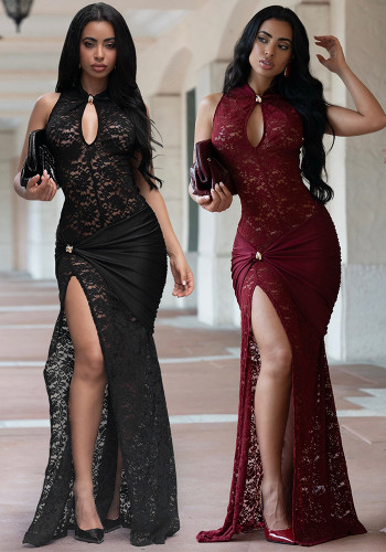 Sexy Lace Keyhole Sleeveless Slim Fit Slit Maxi Evening Dress