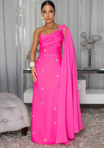Sexy Rhinestone Cape Slash Shoulder Slit Maxi Evening Dress