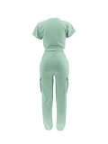 Casual Soild Short Sleeve Tee Top and Pocket Trousers Two Piece Set