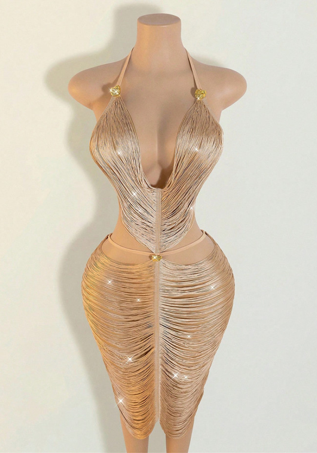 Sexy Tassel Draped Halter Plunge Neck Backless Club Dress