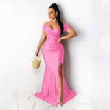 Sexy Off Shoulder Short Sleeve Side Split Mermaid Maxi Dress