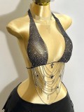 Fishnet Rhinestone Halter Sexy Backless Metal Chains Top