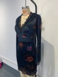 Sexy Long Sleeve V-Neck Floral Print Lace Trim Bodycon Dress