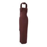 Elegant Solid Twisted Strapless Maxi Dress with Scarf