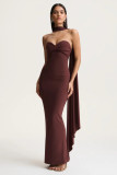Elegant Solid Twisted Strapless Maxi Dress with Scarf