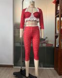 Fashion Red Dot Print Retro Halter Crop Top Two Piece Set