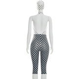 Fashion Halter Plunge Neck Backless Dot Print Slim Rompers with Headband