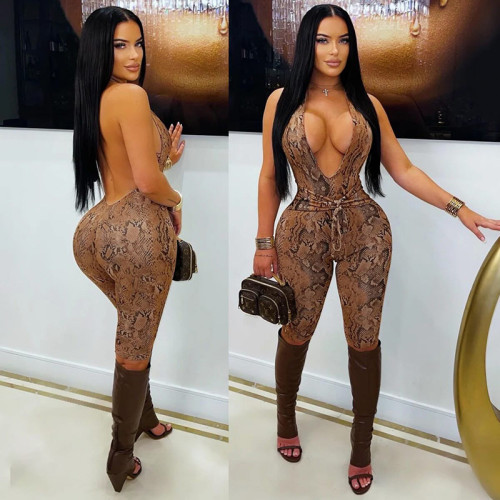Fashion Deep-V Backless Tie Waist Snakeskin Print Slim Rompers