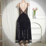 Women Velvet Sexy See-Through Lace Cami V-Neck Maxi Dress