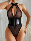 Women Black PU Leather Sexy Teddy Lingerie