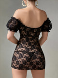 Women Sexy Lingerie Black Lace Nightdress with Panties