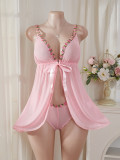 Women Sexy Mesh Floral Tie Front Nightgown Sexy Lingerie Set