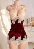 Women's Velvet Lace Trim Back Lace-Up Nightdress