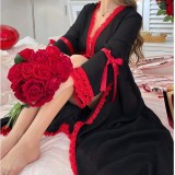 Women's Sexy Mesh Contrast Lace Robe Night Dress Homewear Set